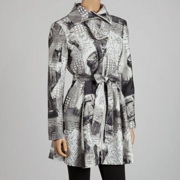 Samuel Dong Gray Newspaper Zip Up Trench Coat with Belt - Picture 12 of 12